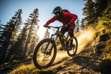 Fototapeta na wymiar Extreme mountain bike sport athlete man riding outdoors - Generative AI