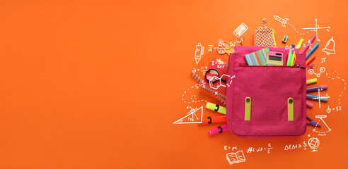 School backpack with stationery on orange background with space for text, top view