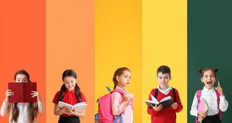 Set of many little students on color background