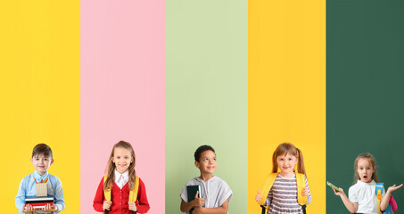 Set of many little students on color background