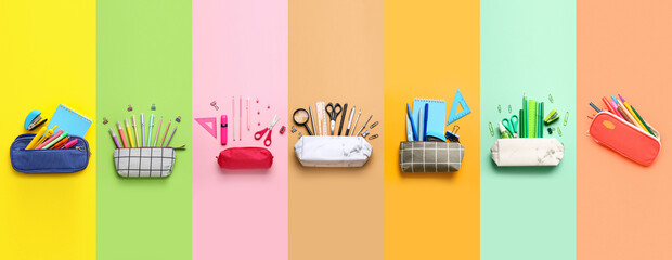Collage of pencil cases with school stationery on color background