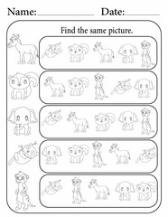 Printable Activity Pages for Kids | Activity Worksheets for Logical Thinking | Find the Same Animal