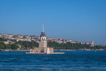 After restoration, the Historical Maiden's Tower and Uskudar beach  in the background. Kiz Kulesi, Istanbul. Turkey.