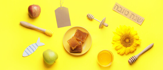 Composition for Rosh Hashanah (Jewish New Year) celebration on yellow background