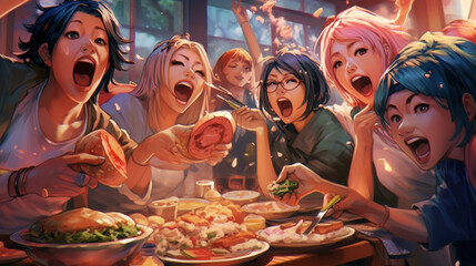 manga girls participating in a wacky food-eating competition, with exaggerated facial expressions and over-the-top reactions during lunchtime, AI-Generated