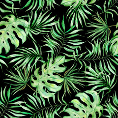 Naklejka na ściany i meble Seamless pattern of watercolor tropical leaves