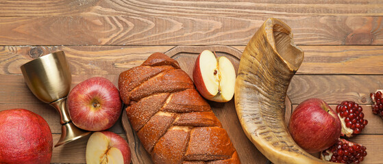 Composition for Rosh hashanah (Jewish New Year) celebration on wooden background