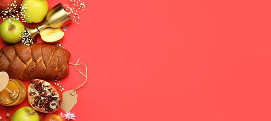 Composition for Rosh hashanah (Jewish New Year) celebration on red background with space for text