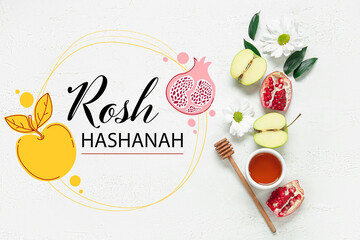 Fototapeta premium Greeting card for Rosh Hasahanh (Jewish New Year) with apples, pomegranates, honey and flowers