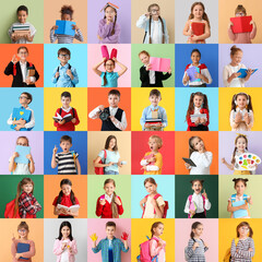 Collage with many little students on color background