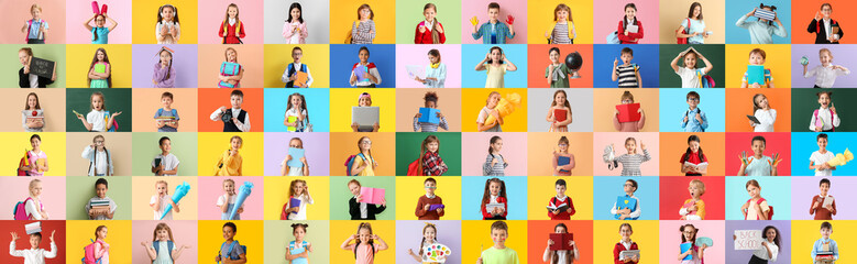 Collage with many little students on colorful background