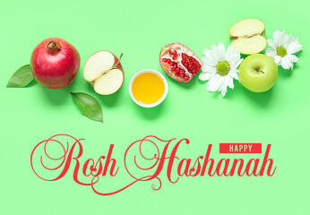 Greeting card for Rosh Hasahanh (Jewish New Year) with apples, pomegranates, honey and flowers