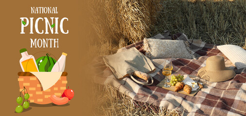 Banner for National Picnic Month with tasty food and wine on plaid in field