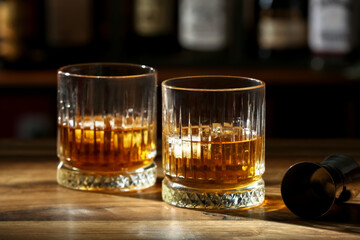 Glasses of cold rum and measure cup on table in bar