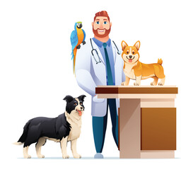 Veterinarian with cute pets vector illustration