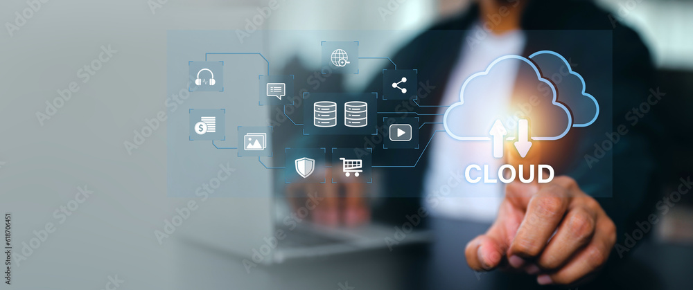 Poster database storage cloud technology file data transfer sharing, cyber, big data information for financ