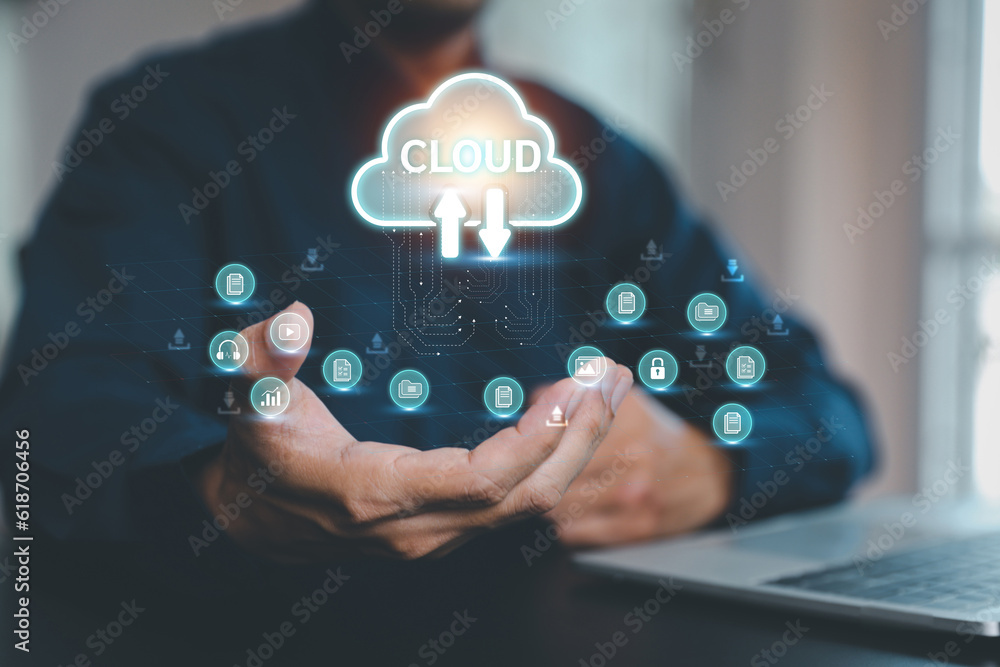 Poster database storage cloud technology file data transfer sharing, cyber, big data information for financ