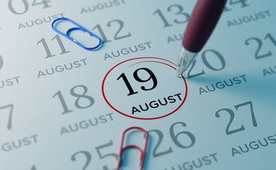 August 19th Calendar date. close up a red circle is drawn on August 19th to remember important...