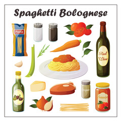 Cute vector illustration of a recipe card or grocery shopping list for the italian dish spaghetti bolognese with all its ingredients.