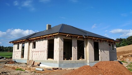 Under Construction Country black shed House Emerges Amidst Serene Blue Skies, outside brown clay and concrete