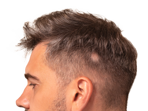 man with fashionable hairstyle and alopecia. white background