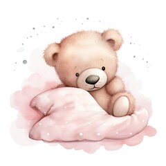 cute teddy bear sleeping on a light pink pillow created using generative Ai tools