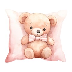 cute teddy bear sleeping on a light pink pillow created using generative Ai tools