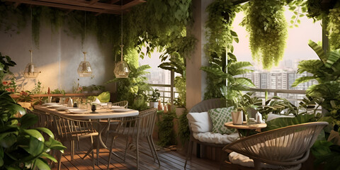 Modern balcony sitting area decorated with green plant, Urban Retreat: Modern Balcony with Lush Greenery