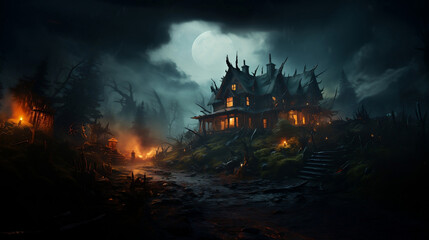 Background of a haunted house on a hill, with dark and stormy atmosphere.