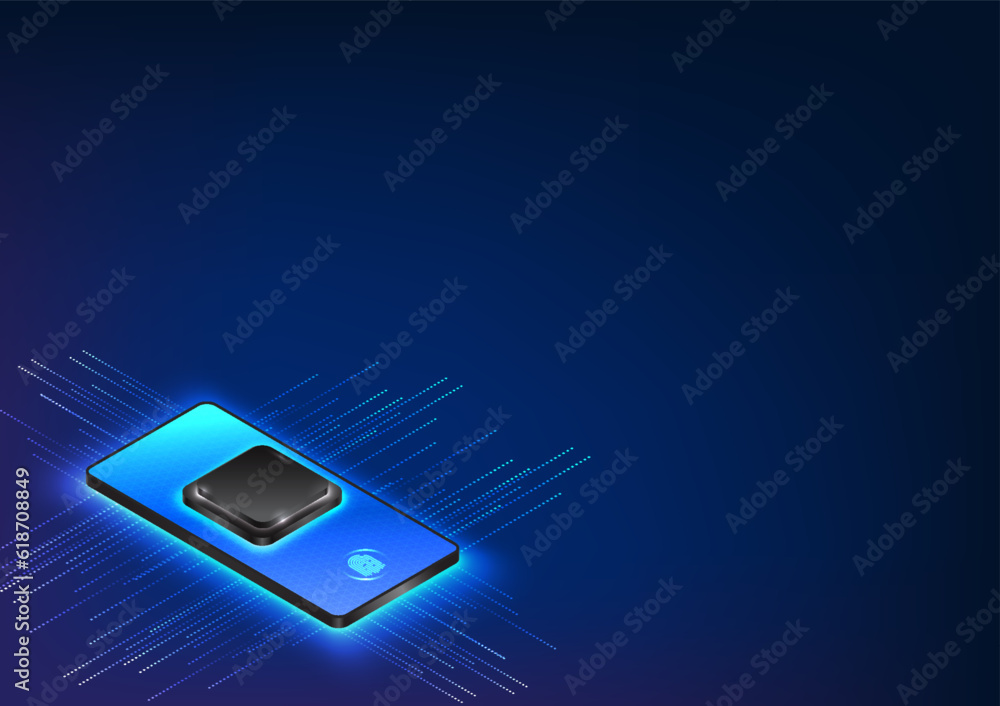 Poster smart phone with a microchip processing and storing data. surrounding the phone, there are signals t