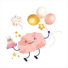 Happy brain with cake and balloons, birthday theme brain emoji, brain emoji celebrating watercolor vector illustration 