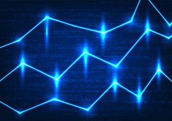 Technology stock chart with glowing lines and running numerical code. The background exudes a futuristic vibe with its blue tone. A visual representation of technology in finance.