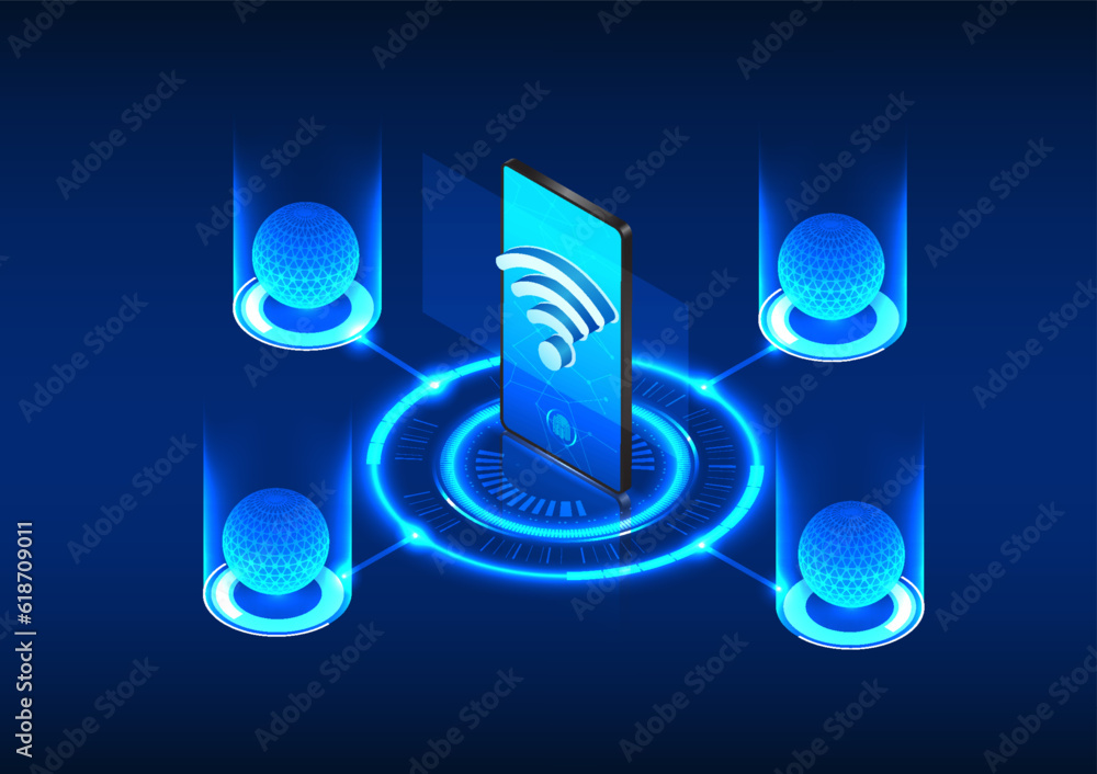 Poster tech backdrop with smartphone at center, surrounded by wi-fi symbol and processor-connected lines. g
