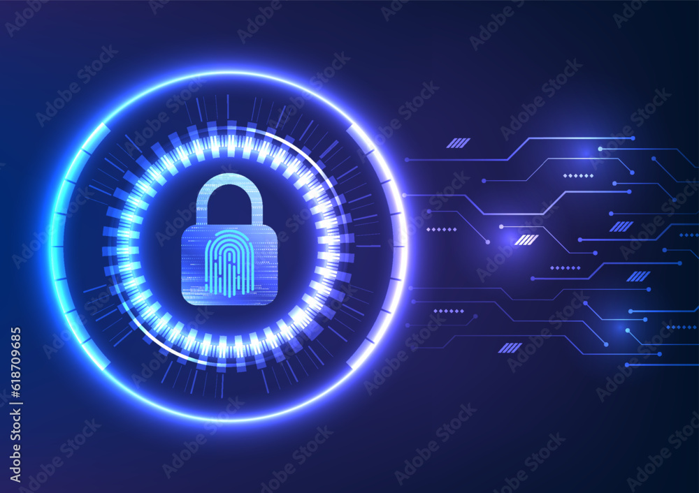 Poster lock with a fingerprint scanner, a glowing technology circle, and a circuit element. discover the co