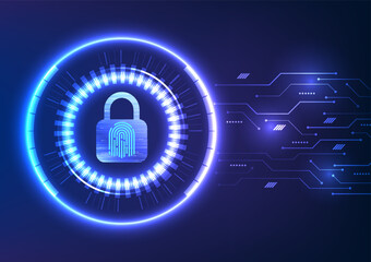 Lock with a fingerprint scanner, a glowing technology circle, and a circuit element. Discover the concept of data protection, emphasizing cyber security and data privacy.