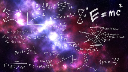 The theory of relativity's formula,physics knowledge and the laws of the cosmos.,background with an abstract starry sky