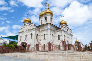 Fototapeta na wymiar Recreated Spassky Cathedral on a sunny June day. Pyatigorsk, Russia