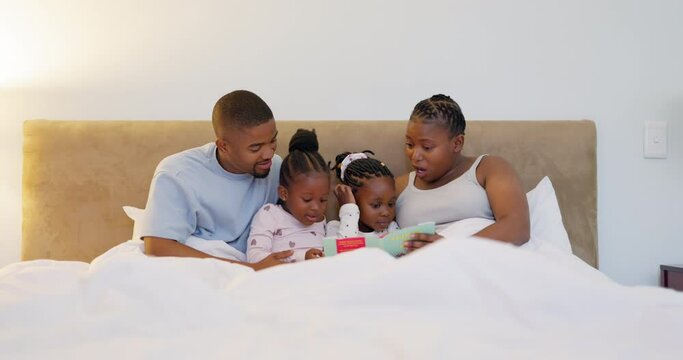 Family, reading and parents with children in bed for bedtime story, bonding and quality time at night. Love, relax and mom, dad and kids in bedroom with books for fantasy, storytelling and learning