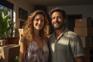 Fototapeta premium Young couple moving to a new apartment together a relocation