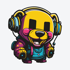 Multicolored robotic bear wired headphone t-shirt printing design Illustration