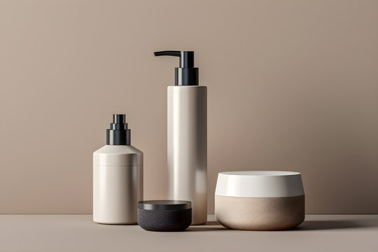 Mockup of cosmetic bottle on beige background. Cosmetic product container and skincare packaging.Generative ai