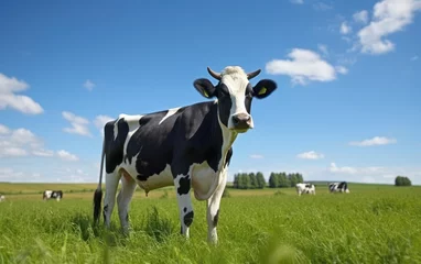 Papier Peint photo Prairie, marais Portrait of cow on green grass with blue sky