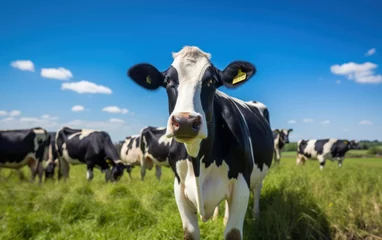 Zelfklevend Fotobehang Portrait of cow on green grass with blue sky © Muh