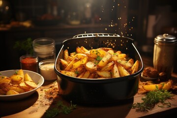 Air fryer machine cooking potato fried. Generative AI