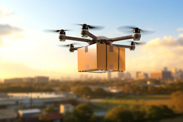 Fototapeta na wymiar Futuristic Drone Delivery Revolutionizing Business Air Transportation with Unmanned Aircraft Robots, package flying through the air off a drone Generative AI