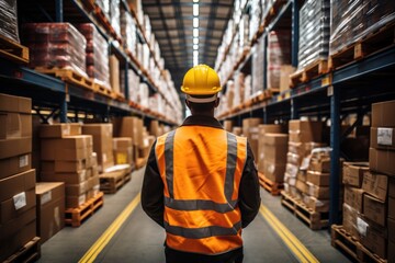 A handsome male worker wearing a hard hat carrying boxes turns back and forth through a retail warehouse full of shelves—a professional worker working in logistics and distribution centers. - obrazy, fototapety, plakaty