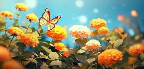 Fototapeta na wymiar An illustration of a colorful spring flower. Natural landscape with many orange lantana flowers and fluttering butterflies against the blue sky on a sunny day. Made with Generative AI technology