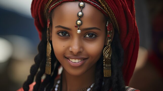 a young, attractive, woman from the oromo Tribes of Ethiopia beautiful Cushitic Ethiopian features. coy smile, happy. generative AI