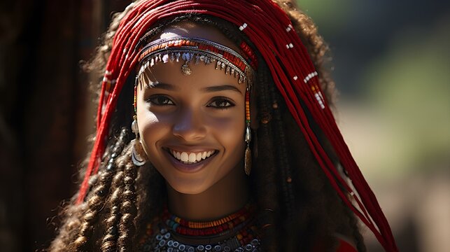 a young, attractive, woman from the oromo Tribes of Ethiopia beautiful Cushitic Ethiopian features. coy smile, happy. generative AI