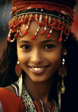 a young, attractive, woman from the oromo Tribes of Ethiopia beautiful Cushitic Ethiopian features. coy smile, happy. generative AI